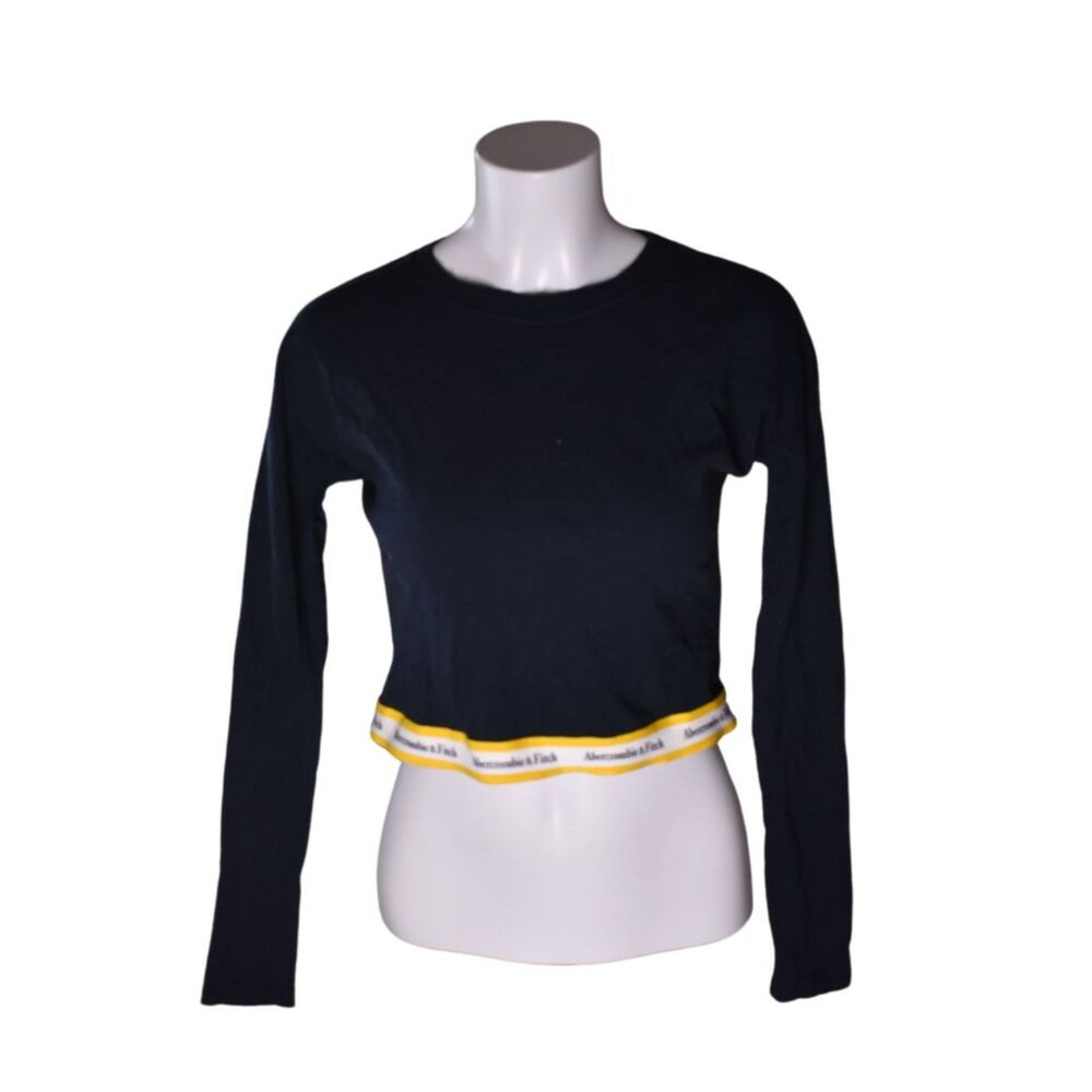 Abercrombie and Fitch Tape Logo Long Sleeve Crop Tee Navy Blue Cotton XS